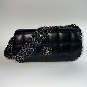 CHANEL Lambskin Quilted “Chocolate Bar” 3 Chain Flap, Black, Rare